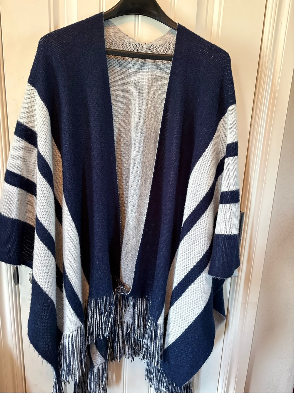 Navy and Light Gray Striped Open-Front Fringe Sweater